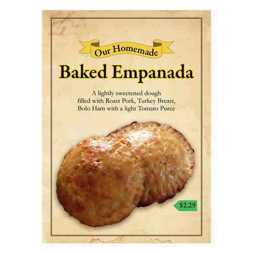 Baked Empanada standing flyer at MIA / Designed by Jacob Rousseau